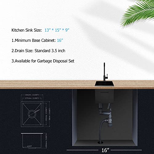 Lordear Black Undermount Bar Sink 13 x15 x 9 Inch Bar Prep Sinks Gunmetal Black Stainless Steel Handmade Kitchen Sink Basin - Image 4