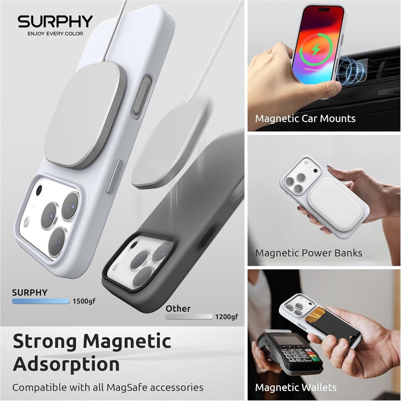 SURPHY Designed for iPhone 17 Pro Max Leather Case, Compatible with MagSafe Wireless Charging Faux Leather Case with Metallic Buttons and Microfiber Lining for 17 Pro Max 6.9 inch 2025, Cool White | High-quality faux leather mobile phone case iPhone 17 Pro Max case for all magnetic accessories, cool white - Image 3