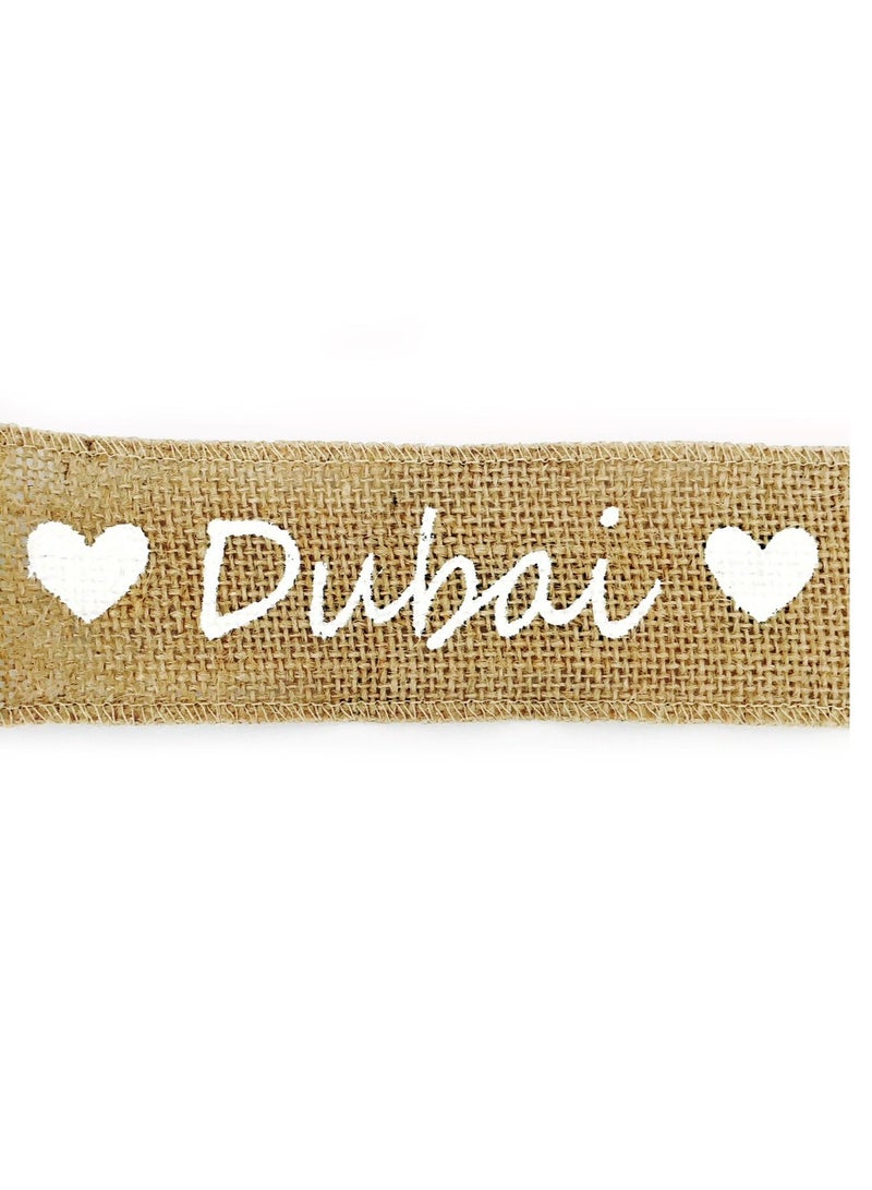 Salla Jute Burlap Ribbon Beige and White with Heart Dubai Print 5M Roll - Image 3