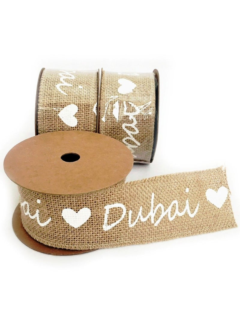 Salla Jute Burlap Ribbon Beige and White with Heart Dubai Print 5M Roll - Image 2