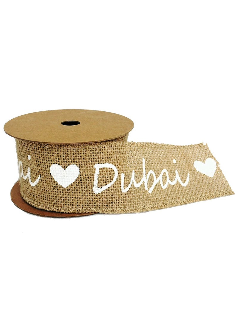 Salla Jute Burlap Ribbon Beige and White with Heart Dubai Print 5M Roll - Image 1