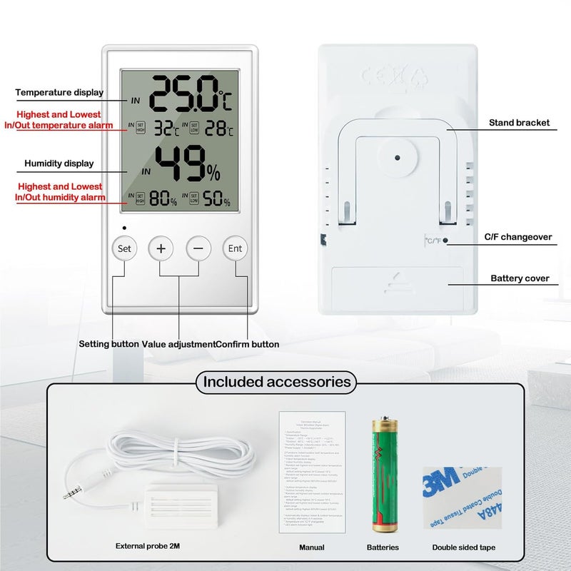 KASTWAVE Reptile Thermometer Hygrometer Digital, High/Low Temperature and Humidity Alarms, Indoor Outdoor Thermometer with External Probe for Heatstroke Prevention, Skin Care, and Health Management (White) - Image 5