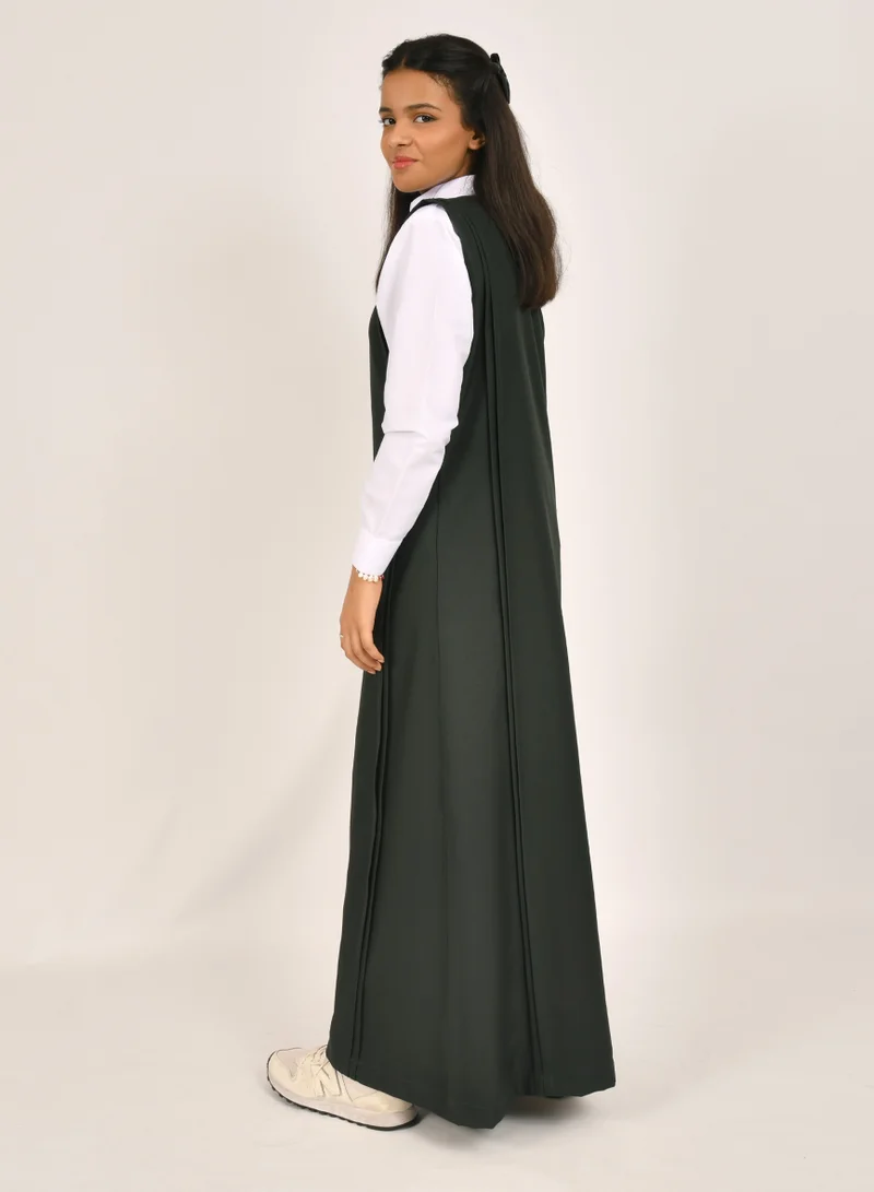 HAWRAA ABAYA مريول أخضر زيتي بقصة مستقيمة مقلم من الجوانب