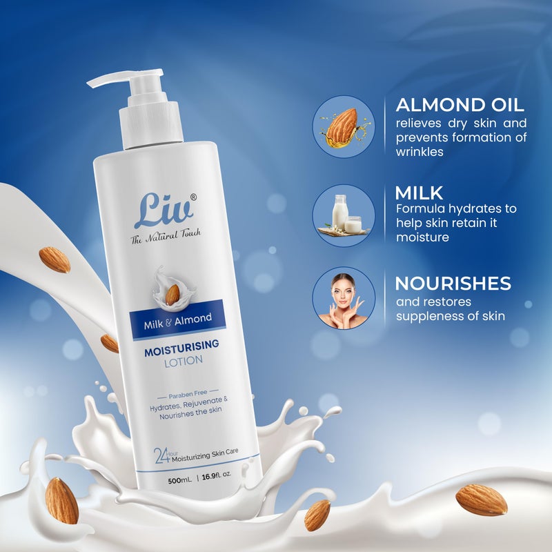 Liv Milk and Almond Oil Body Lotion  Hydrates and Nourishes  Reduces Fine Lines  Wrinkles  Quick Absorbing  Improves Firmness  Elasticity  Soft Smooth  Glowing Skin  500ml - Image 2