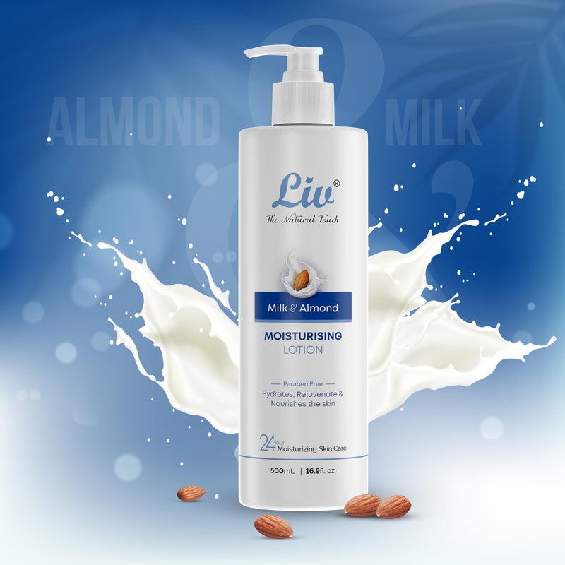 Liv Milk and Almond Oil Body Lotion  Hydrates and Nourishes  Reduces Fine Lines  Wrinkles  Quick Absorbing  Improves Firmness  Elasticity  Soft Smooth  Glowing Skin  500ml - Image 3