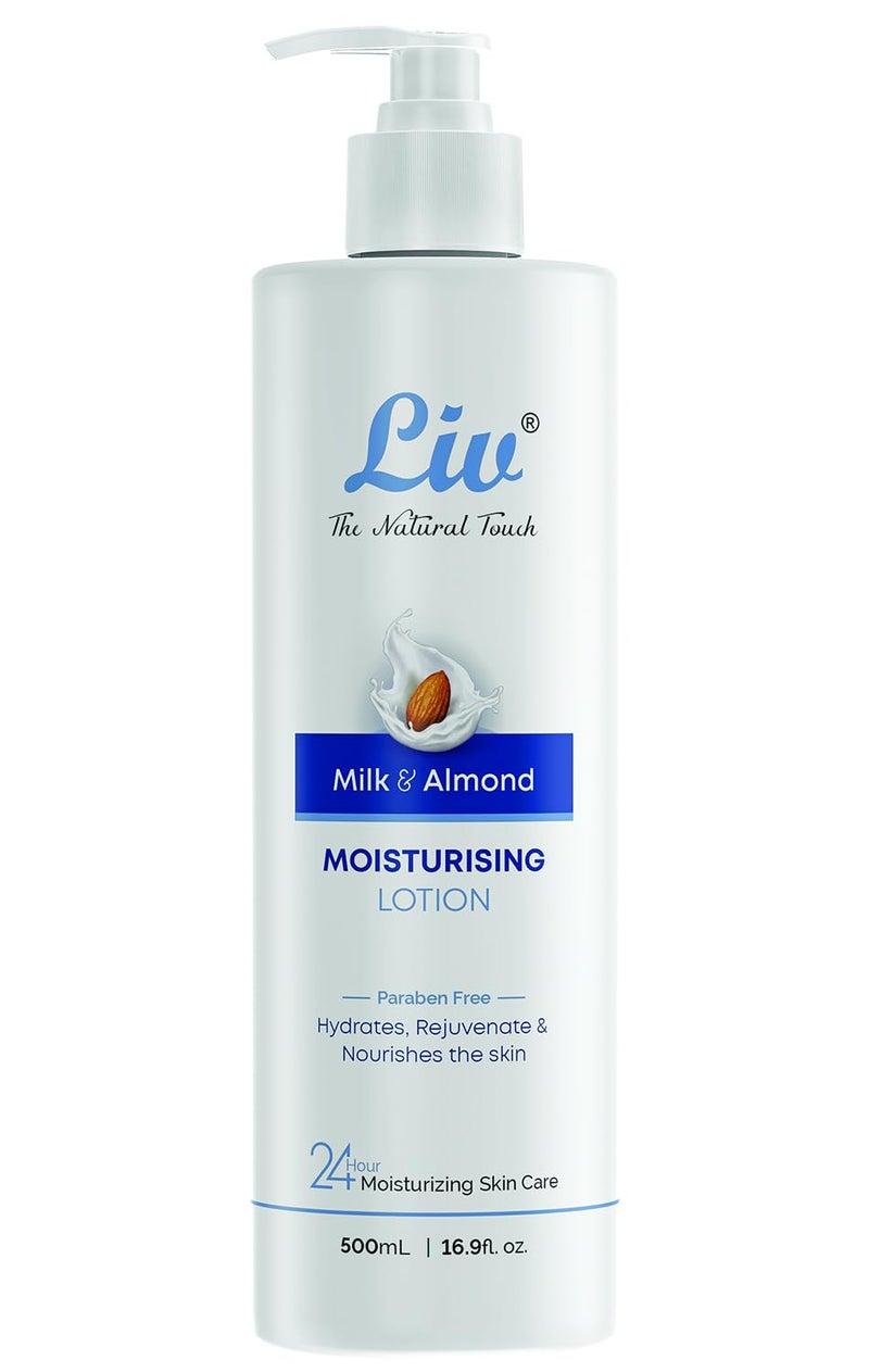 Liv Milk and Almond Oil Body Lotion  Hydrates and Nourishes  Reduces Fine Lines  Wrinkles  Quick Absorbing  Improves Firmness  Elasticity  Soft Smooth  Glowing Skin  500ml - Image 1