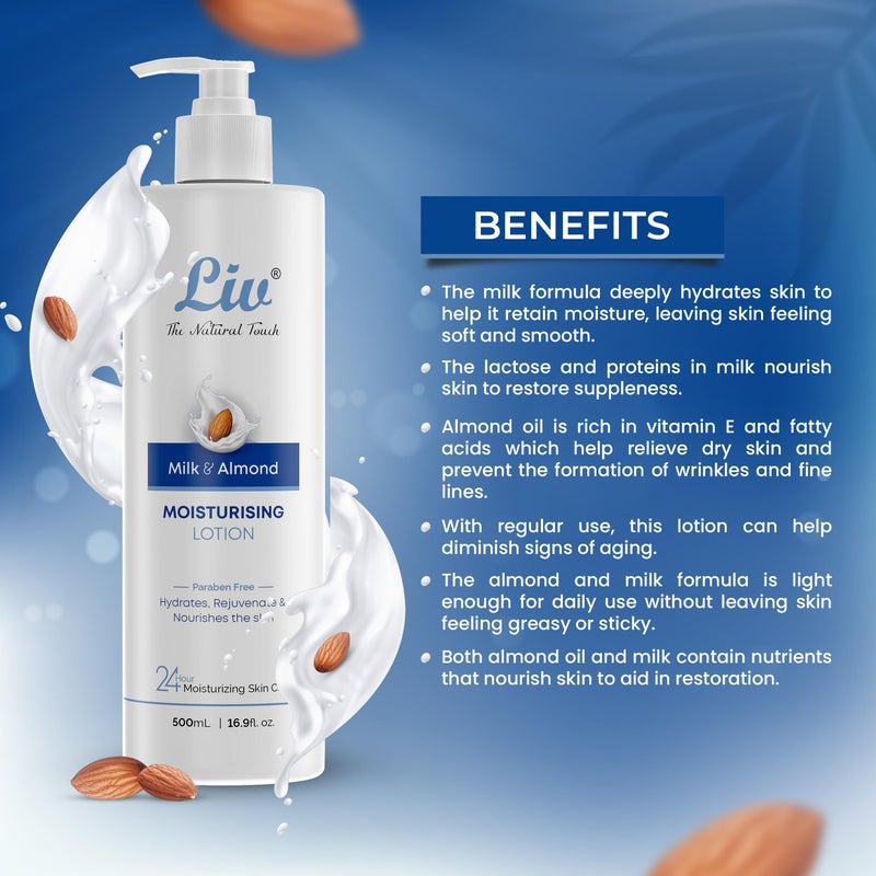 Liv Milk and Almond Oil Body Lotion  Hydrates and Nourishes  Reduces Fine Lines  Wrinkles  Quick Absorbing  Improves Firmness  Elasticity  Soft Smooth  Glowing Skin  500ml - Image 4