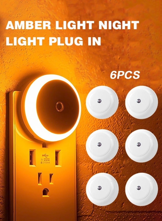 Sweet Life 6 Pack Amber Night Light Plug in, Dusk to Dawn Sensor, Blue Light Blocking, Automatic Nightlight, Energy Efficient, Night Lights Plug into Wall, for Bathroom, Bedroom, Kitchen, Hallway, Stairway - Image 1