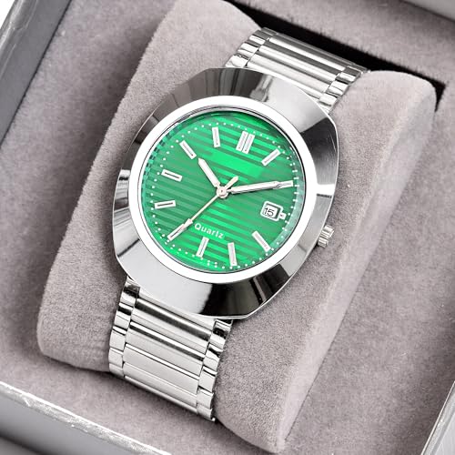 SWADESI STUFF Men's Black Stylish Analog Watch with Date Display | Stainless Steel Silver Strap (Green) - Image 4