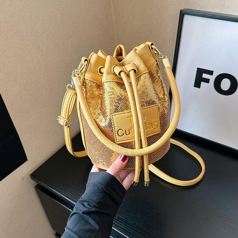 Portable Drawstring Bucket Bag For Women 2023 New Southeast Asian Fashion Sequin Shoulder Messenger Bag - Image 4
