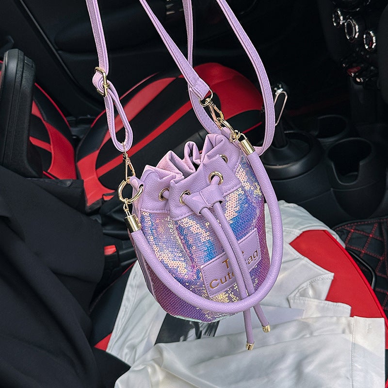Portable Drawstring Bucket Bag For Women 2023 New Southeast Asian Fashion Sequin Shoulder Messenger Bag - Image 3