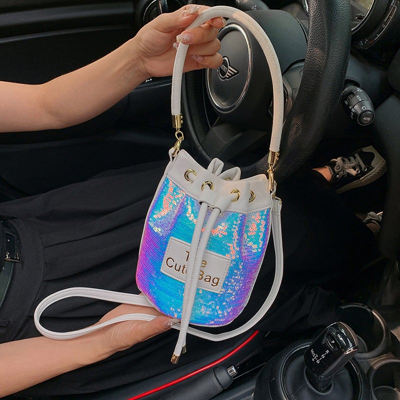 Portable Drawstring Bucket Bag For Women 2023 New Southeast Asian Fashion Sequin Shoulder Messenger Bag - Image 5