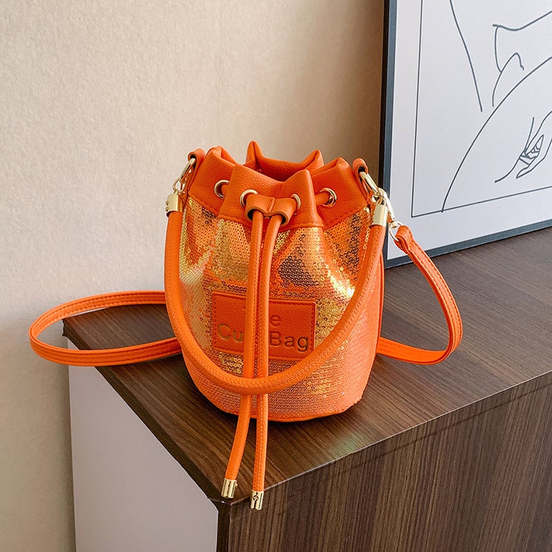 Portable Drawstring Bucket Bag For Women 2023 New Southeast Asian Fashion Sequin Shoulder Messenger Bag - Image 2