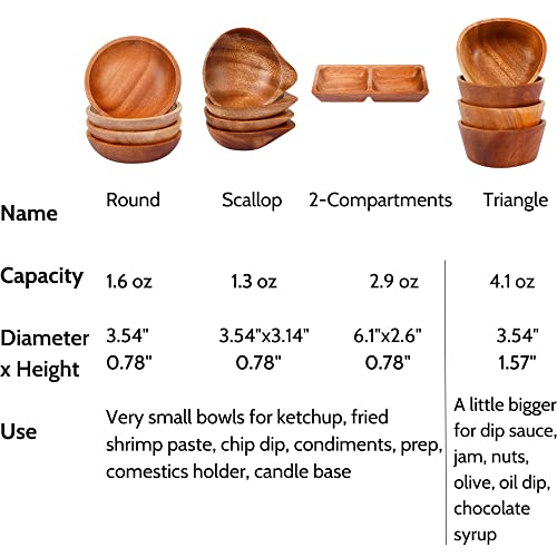 VieWood Mini Wooden Bowl Set of 4 (3.5 x 3.1 x 0.78 inch) for Condiments, Dip Sauce, Ketchup, Small Wood Bowl for Jam, little Prep, Olive (Scallop) - Image 3