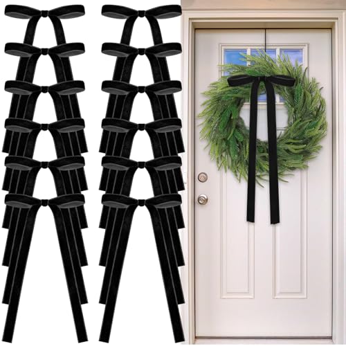 Glitinsel 24 Pcs Velvet Bows for Christmas Tree Vintage Ribbon Bows for Crafts Garland Home Coquette Wedding Birthday Decor9 x 13 Inch Width of 58Black - Image 1