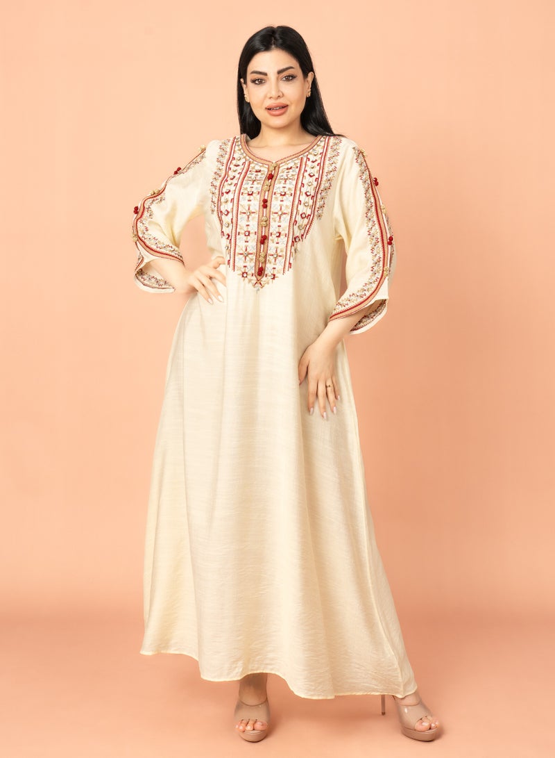 اكسا جلابية كلاسيكية مطرزة بيج - Image 1