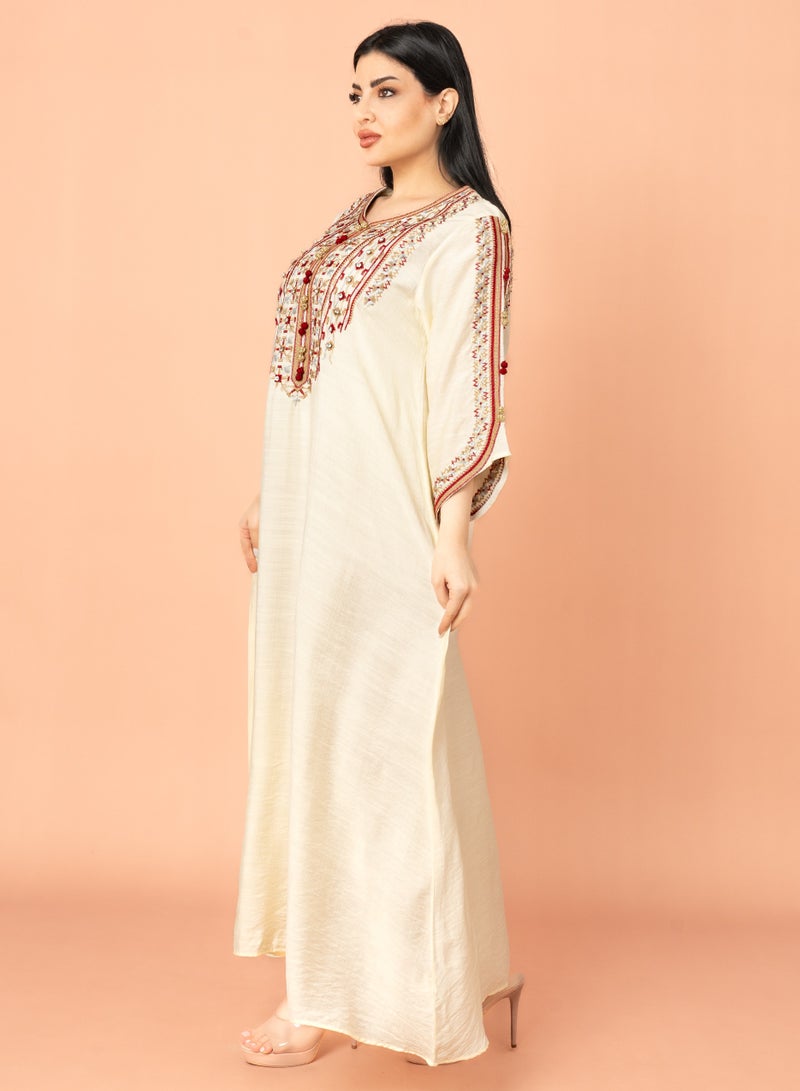 اكسا جلابية كلاسيكية مطرزة بيج - Image 3