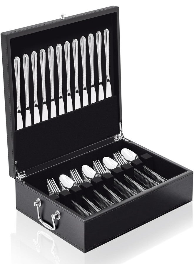 DoubleFill صندوق تخزين أدوات المائدة الفضية من الجلد من DoubleFill مع غطاء ومقبض درج، مقاس 15.3 × 11.2 بوصة، صندوق أدوات مائدة مبطن باللباد، منظم أدوات المائدة والأواني للمطبخ، هدية، بدون أدوات مائدة - Image 1
