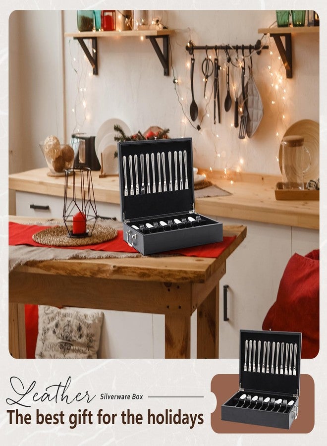 DoubleFill صندوق تخزين أدوات المائدة الفضية من الجلد من DoubleFill مع غطاء ومقبض درج، مقاس 15.3 × 11.2 بوصة، صندوق أدوات مائدة مبطن باللباد، منظم أدوات المائدة والأواني للمطبخ، هدية، بدون أدوات مائدة - Image 5