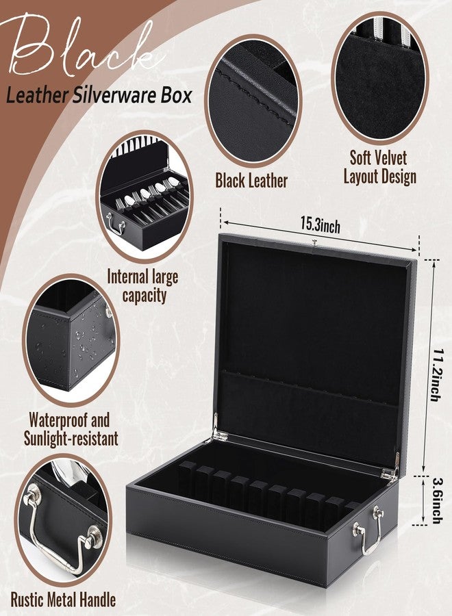 DoubleFill صندوق تخزين أدوات المائدة الفضية من الجلد من DoubleFill مع غطاء ومقبض درج، مقاس 15.3 × 11.2 بوصة، صندوق أدوات مائدة مبطن باللباد، منظم أدوات المائدة والأواني للمطبخ، هدية، بدون أدوات مائدة - Image 2