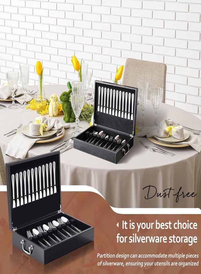 DoubleFill صندوق تخزين أدوات المائدة الفضية من الجلد من DoubleFill مع غطاء ومقبض درج، مقاس 15.3 × 11.2 بوصة، صندوق أدوات مائدة مبطن باللباد، منظم أدوات المائدة والأواني للمطبخ، هدية، بدون أدوات مائدة - Image 4