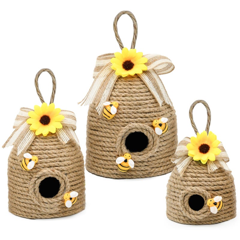 nuvagiki Bee Hive Decor, 3 Pack Farmhouse Bee Decorations Indoor, Rustic Bee Themed Home Decor, Spring Summer Bee Home Decor for Kitchen, Sunflowers Decorations - Image 1