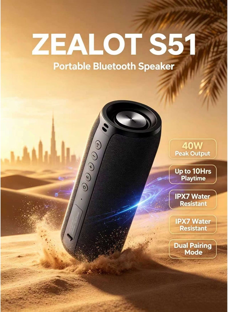 ZEALOT S51 40W Bluetooth Speaker Portable Outdoor Speaker TWS Stereo Pairing Deep Bass Subwoofer Up to 10H Playtime AUX TF Card USB Playback For TV Phone PC Tablet - Image 1