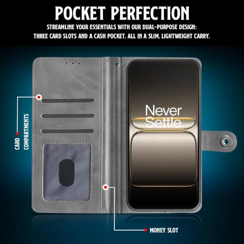 WOW IMAGINE Shock Proof Flip Cover Back Case for 1+ OnePlus Nord CE 5 5G (Magnetic Button Flip Case | Wallet Pockets & Stand | Leather Finish | Stone Grey) - Image 4