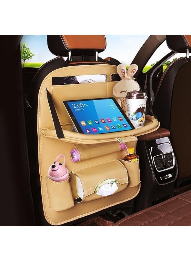 NXT Backseat Car Organizer,vMulti-Pocket PU Leather Backseat Organizer with Tray, Back Seat Tray Table for Cars, Backseat Organizer for Car with Tray Beige (Beige) - Image 1