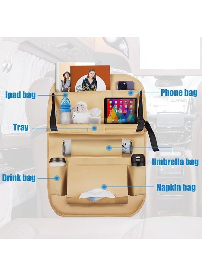 NXT Backseat Car Organizer,vMulti-Pocket PU Leather Backseat Organizer with Tray, Back Seat Tray Table for Cars, Backseat Organizer for Car with Tray Beige (Beige) - Image 3