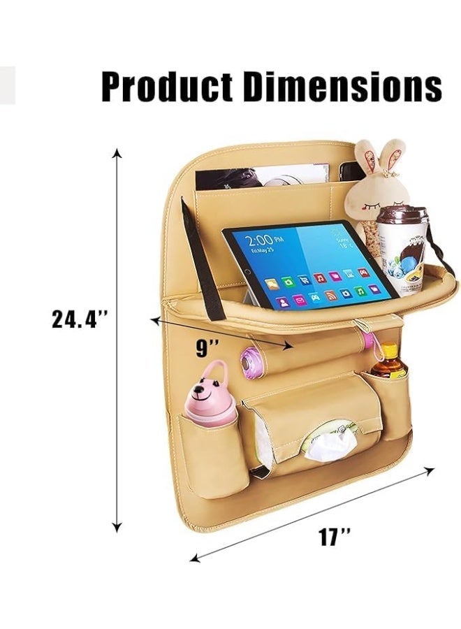 NXT Backseat Car Organizer,vMulti-Pocket PU Leather Backseat Organizer with Tray, Back Seat Tray Table for Cars, Backseat Organizer for Car with Tray Beige (Beige) - Image 2