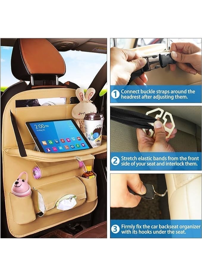 NXT Backseat Car Organizer,vMulti-Pocket PU Leather Backseat Organizer with Tray, Back Seat Tray Table for Cars, Backseat Organizer for Car with Tray Beige (Beige) - Image 4