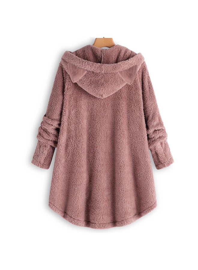 إسكدنيا معطف بغطاء للرأس بتصميم غير منتظم على شكل أذن قطة وردي - Image 2