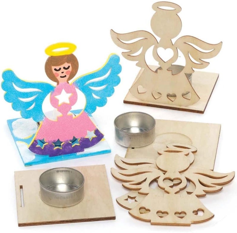 Baker Ross FE926 Angel Wooden Tealight Kits - Pack of 4, Tealight Holder to Decorate and Display, Wooden Crafts for Children, Ideal Kids Arts and Crafts Project - Image 1