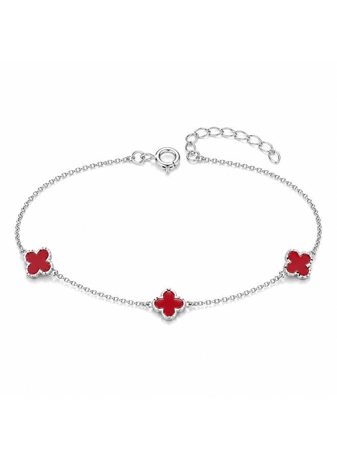 FINE SILVER Luxury 925 Sterling Silver Red Clover Bracelet - Elegant Triple Alhambra Style Motif Bracelet for Women - Adjustable Premium Jewelry Gift - Image 1