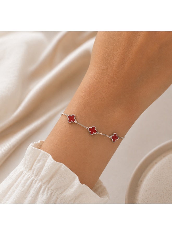 FINE SILVER Luxury 925 Sterling Silver Red Clover Bracelet - Elegant Triple Alhambra Style Motif Bracelet for Women - Adjustable Premium Jewelry Gift - Image 3