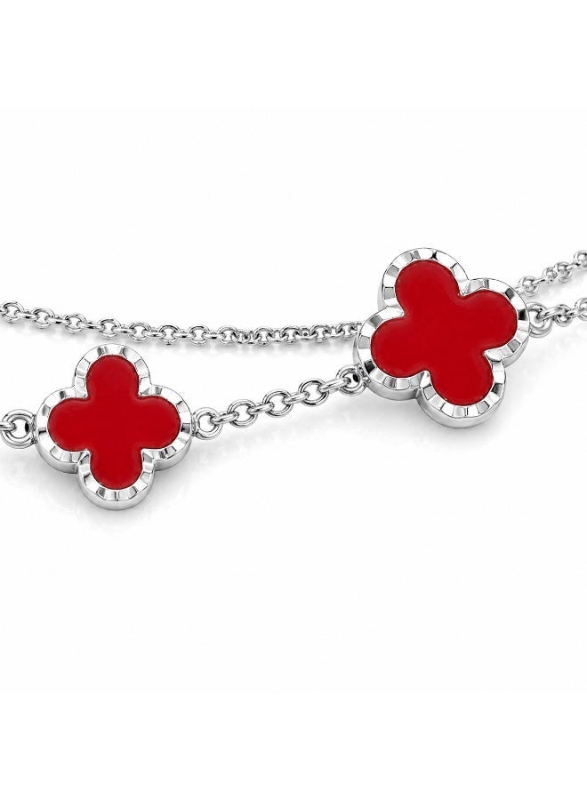 FINE SILVER Luxury 925 Sterling Silver Red Clover Bracelet - Elegant Triple Alhambra Style Motif Bracelet for Women - Adjustable Premium Jewelry Gift - Image 2