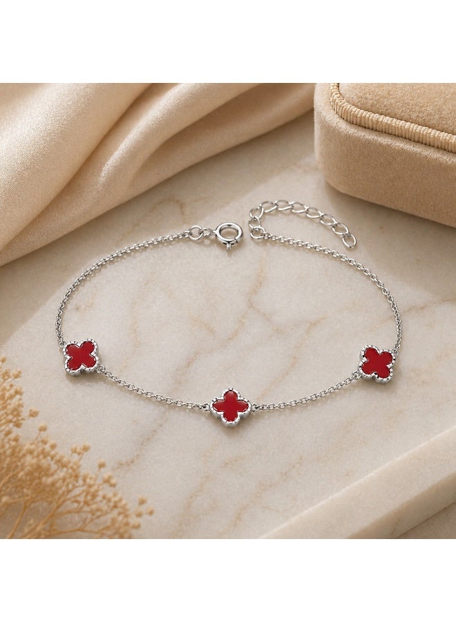FINE SILVER Luxury 925 Sterling Silver Red Clover Bracelet - Elegant Triple Alhambra Style Motif Bracelet for Women - Adjustable Premium Jewelry Gift - Image 4