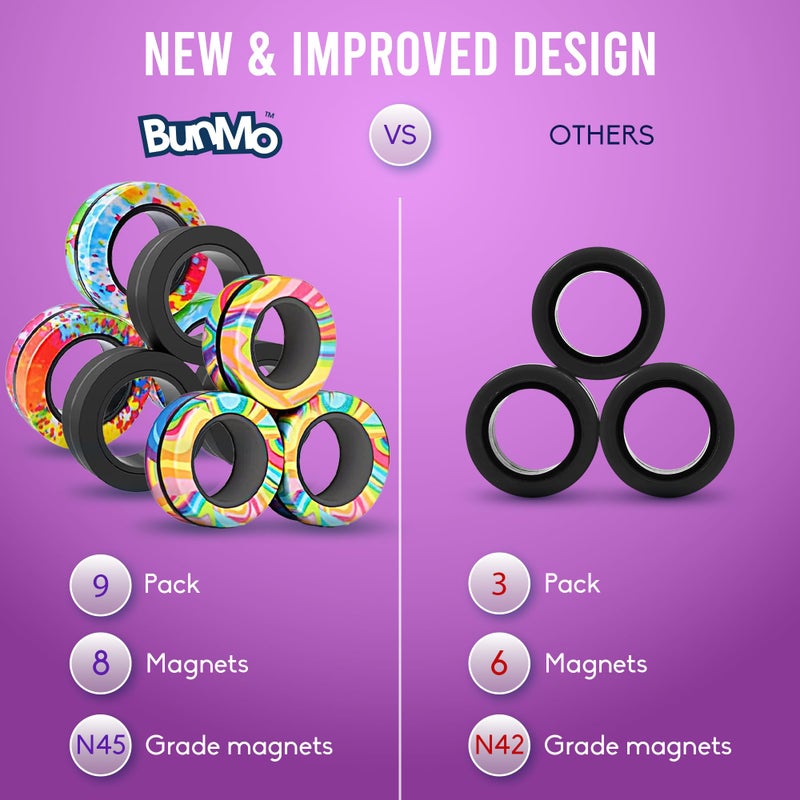 BunMo Easter Gifts for Teens - 9 Pack Magnetic Rings - Improved N45 Magnets, BPA-Free - Quiet Fidget Toy for Adults & Teens for Office, School & Travel - Easter Basket Stuffers for Adults - Image 4