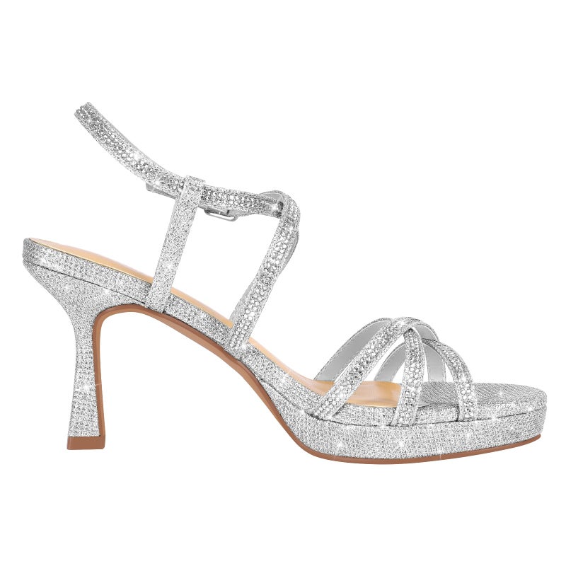 PIZZ ANNU Women's Stellora Platform High Heels Block Chunky Womans Strappy Sparkly Rhinestone Crystal Slingback Dress Pump Sandals Shoes, Silver 7.5 - Image 5