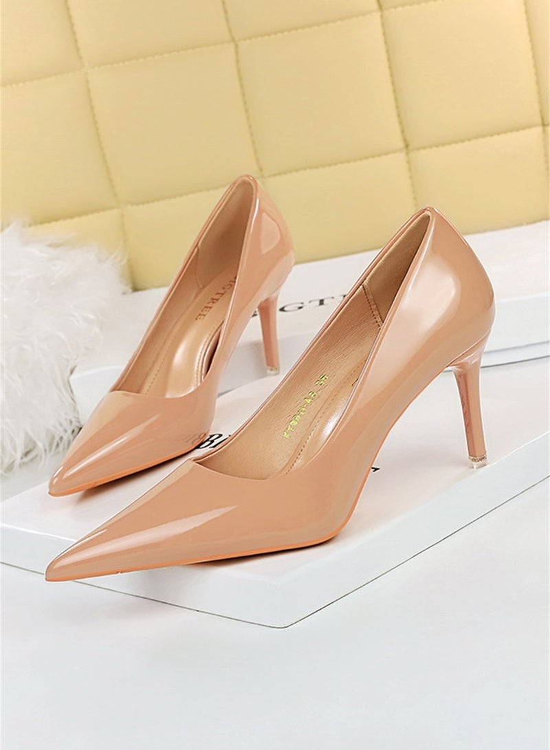 BIGTREE 7.5cm Fashion Simple Slim Heels High Heels Bright Surface Patent Leather Shallow Mouth Pointed Women's Heels Pink - Image 1