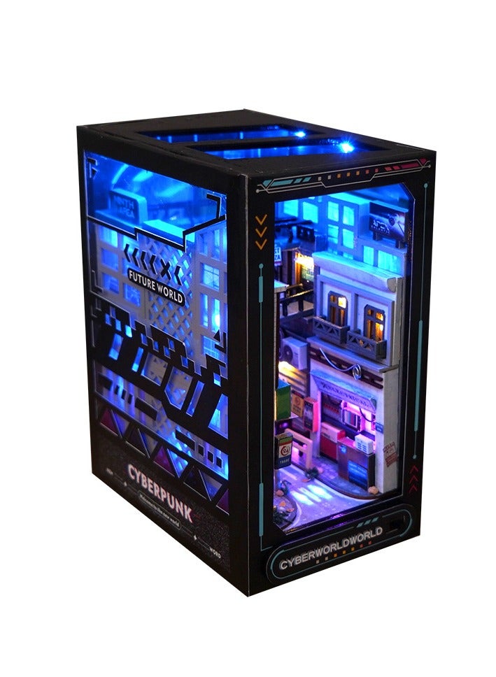 Create Your Own Cyberpunk World with Ahilmrn's DIY Dollhouse Book Nook Shelf Insert Kit - 3D Wooden Puzzle Bookshelf with 45 LED Lights and Miniature Model Decor - Image 1