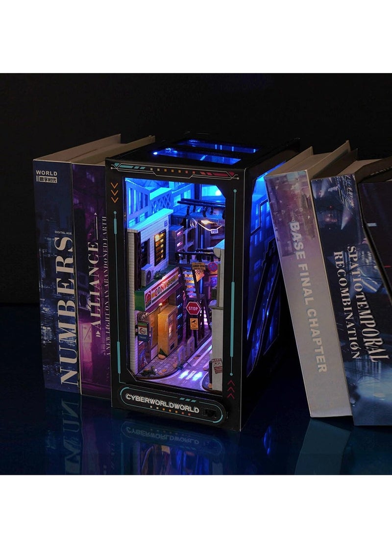 Create Your Own Cyberpunk World with Ahilmrn's DIY Dollhouse Book Nook Shelf Insert Kit - 3D Wooden Puzzle Bookshelf with 45 LED Lights and Miniature Model Decor - Image 3