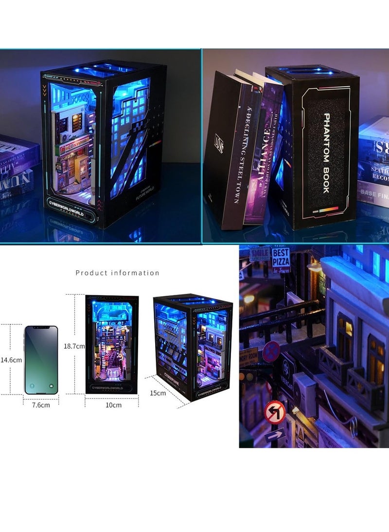 Create Your Own Cyberpunk World with Ahilmrn's DIY Dollhouse Book Nook Shelf Insert Kit - 3D Wooden Puzzle Bookshelf with 45 LED Lights and Miniature Model Decor - Image 2