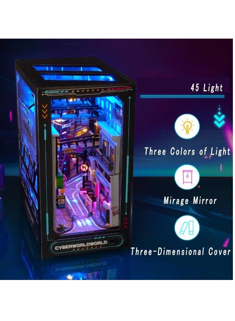 Create Your Own Cyberpunk World with Ahilmrn's DIY Dollhouse Book Nook Shelf Insert Kit - 3D Wooden Puzzle Bookshelf with 45 LED Lights and Miniature Model Decor - Image 4