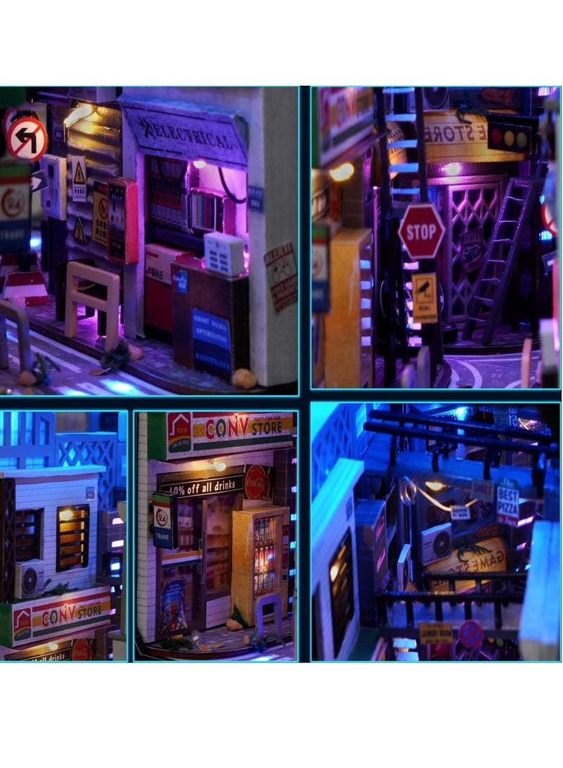 Create Your Own Cyberpunk World with Ahilmrn's DIY Dollhouse Book Nook Shelf Insert Kit - 3D Wooden Puzzle Bookshelf with 45 LED Lights and Miniature Model Decor - Image 5