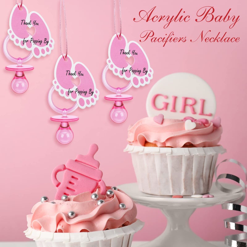 Tondiamo 24 Pieces Acrylic Baby Pacifiers Necklace with Foot Tags Pink Pacifiers Charm Newborn Pacifiers Baby Shower Plastic Cute Pacifiers Necklace for Baby Shower Party Decorations Table Scatter - Image 5