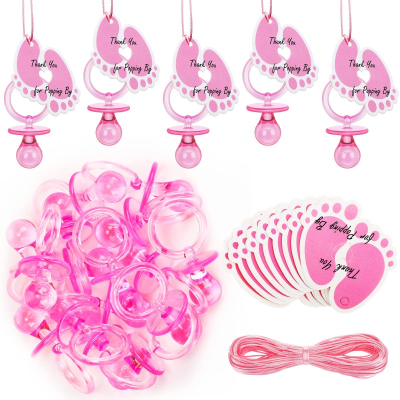 Tondiamo 24 Pieces Acrylic Baby Pacifiers Necklace with Foot Tags Pink Pacifiers Charm Newborn Pacifiers Baby Shower Plastic Cute Pacifiers Necklace for Baby Shower Party Decorations Table Scatter - Image 1