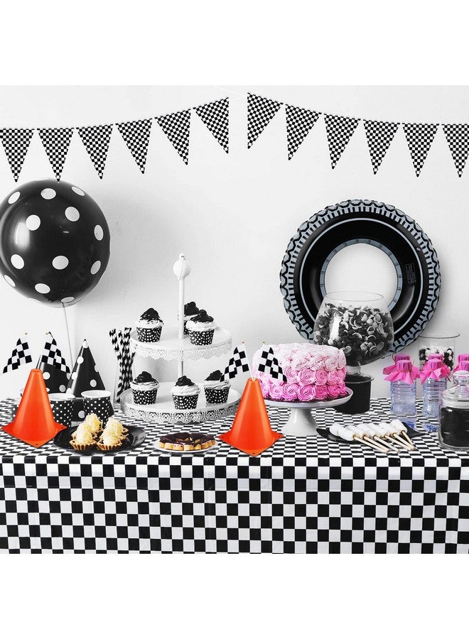 30 Pcs Checkered Racing Car Party Decorations Checked Race Flag Tablecloth Mini Traffic Cones Racing Pennant Banner Race Track Running Mat Tire Tubes Swimming For Decor (Black White Tablecloth)
