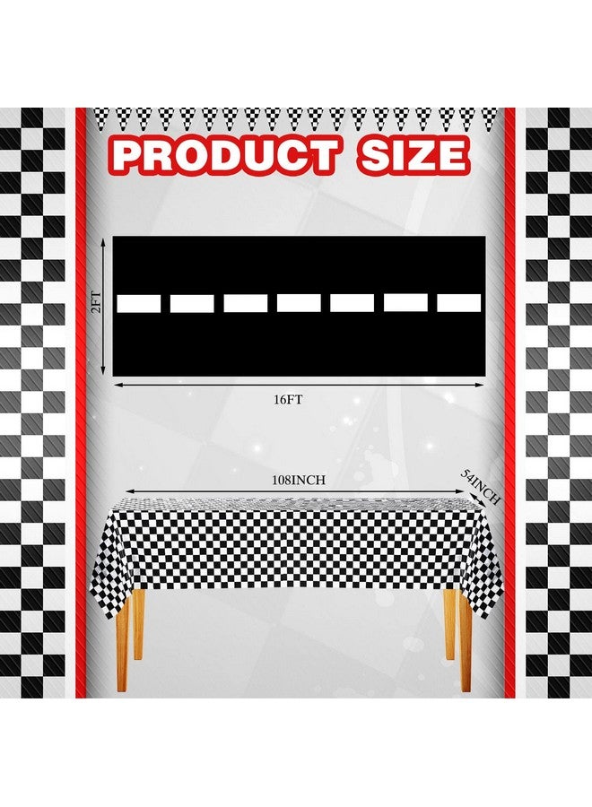 30 Pcs Checkered Racing Car Party Decorations Checked Race Flag Tablecloth Mini Traffic Cones Racing Pennant Banner Race Track Running Mat Tire Tubes Swimming For Decor (Black White Tablecloth)